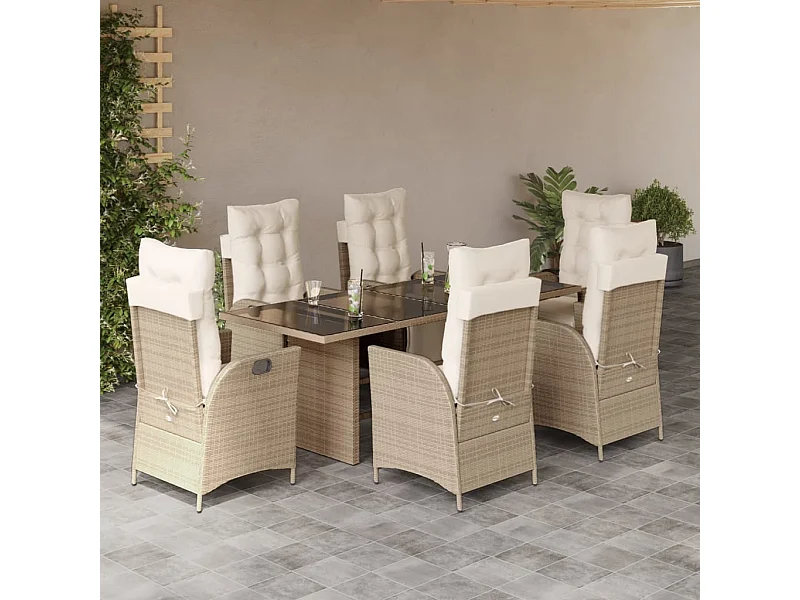 Set da Pranzo da Giardino 7 pz con Cuscini Beige in Polyrattan