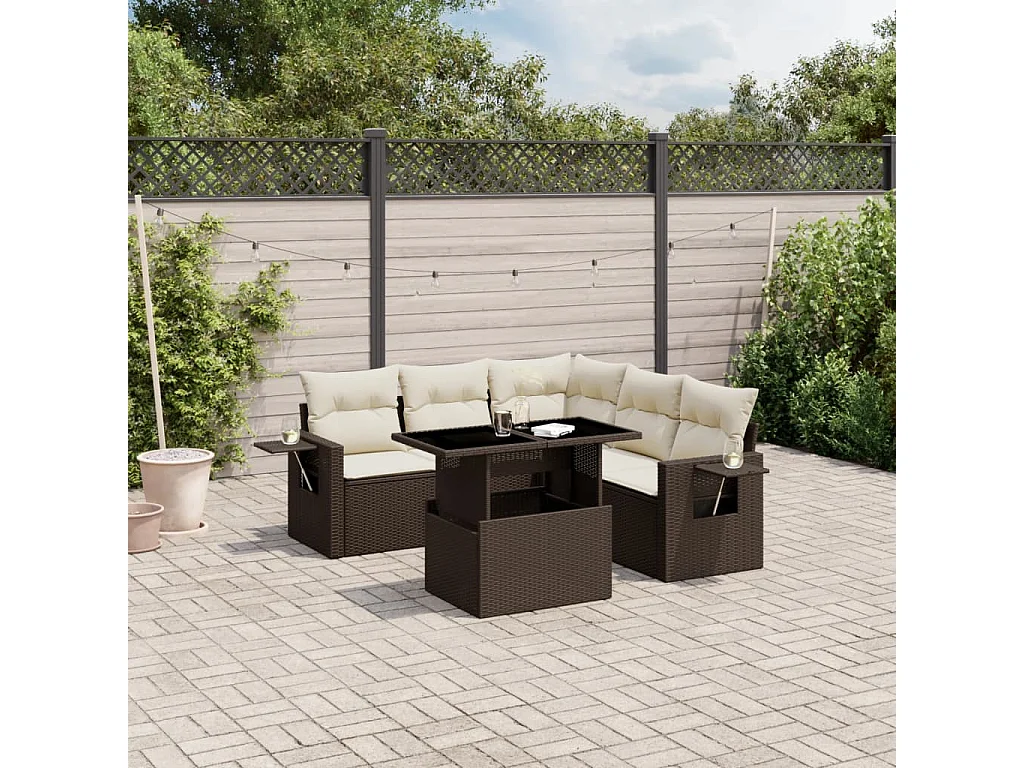 6-delige Loungeset met kussens poly rattan bruin