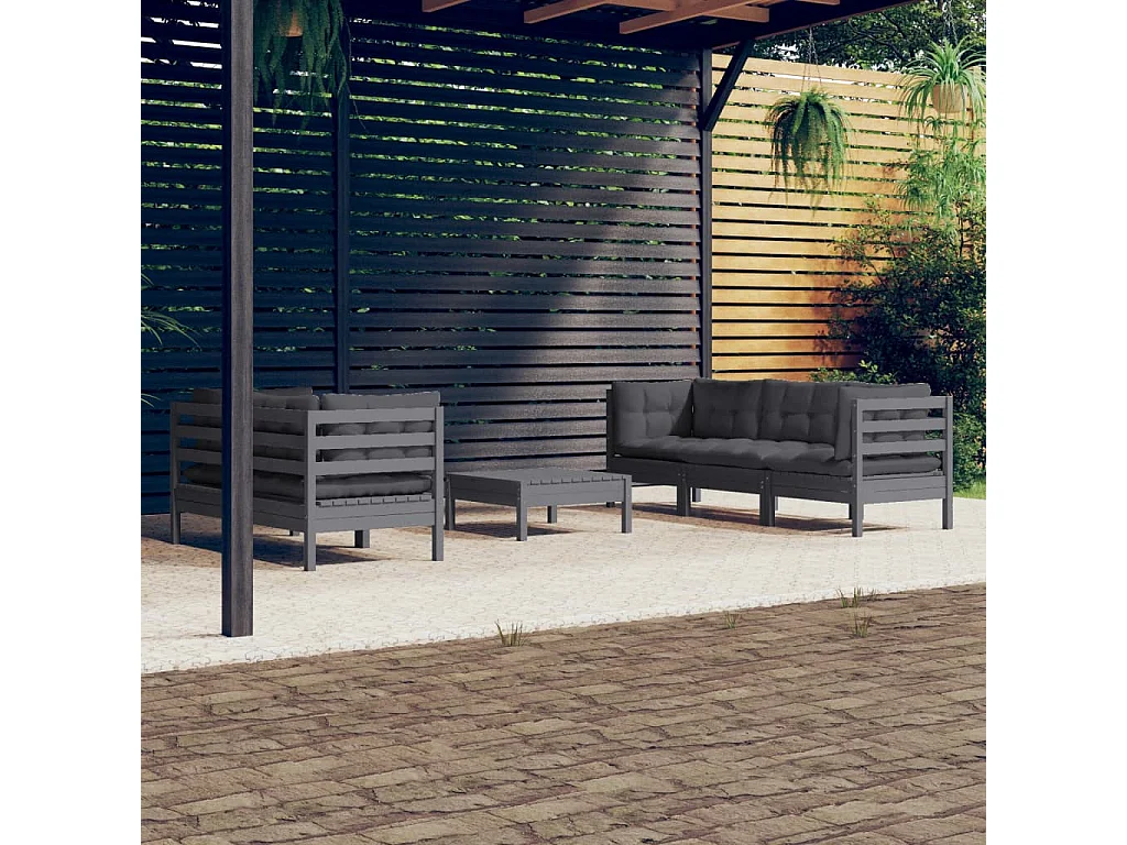 6-tlg. Garten-Lounge-Set mit Anthrazit Kissen Kiefernholz