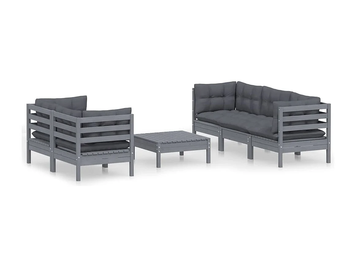 6-tlg. Garten-Lounge-Set mit Anthrazit Kissen Kiefernholz