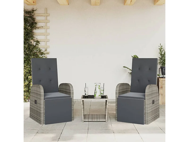 3 pcs conjunto de jantar p/ jardim c/ almofadões vime PE cinza