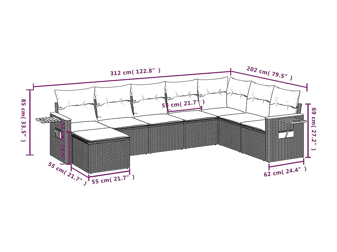 8 pcs conjunto sofás de jardim com almofadões vime PE preto