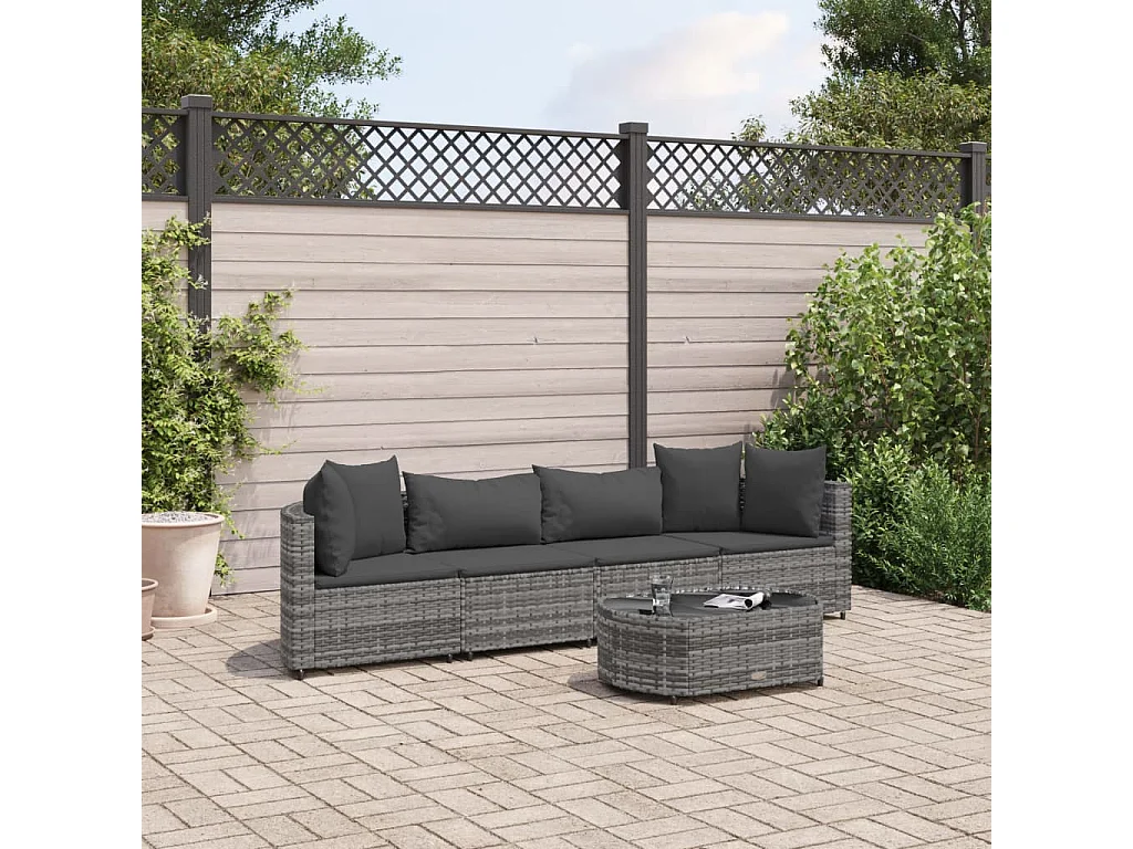 Set Divano da Giardino 5 pz con Cuscini Grigio in Polyrattan