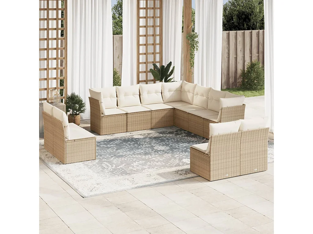 11-tlg. Garten-Sofagarnitur mit Kissen Beige Poly Rattan