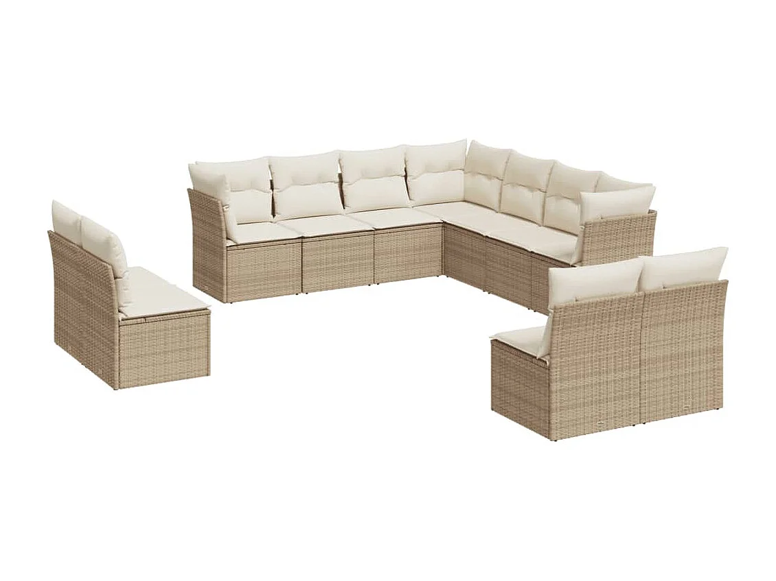 11-tlg. Garten-Sofagarnitur mit Kissen Beige Poly Rattan