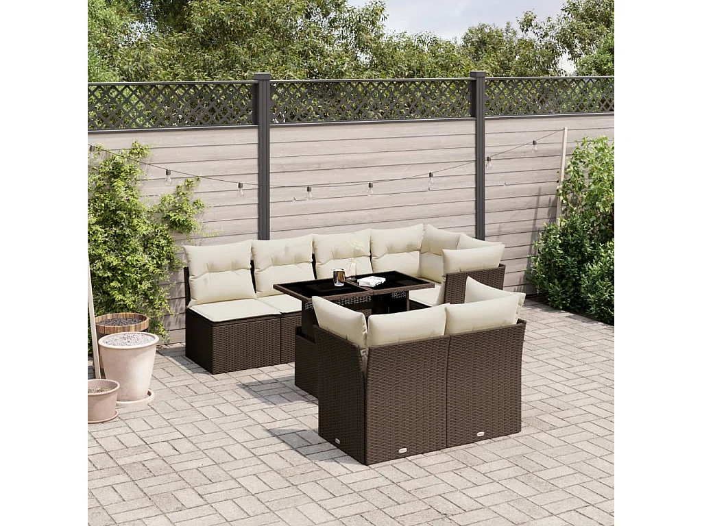 Salon de jardin 8 pcs avec coussins marron résine tressée