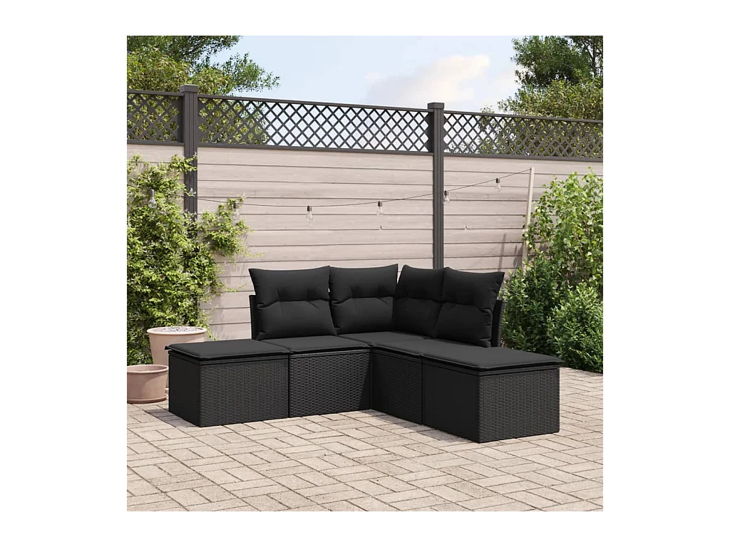 Salon de jardin 5 pcs avec coussins noir résine tressée