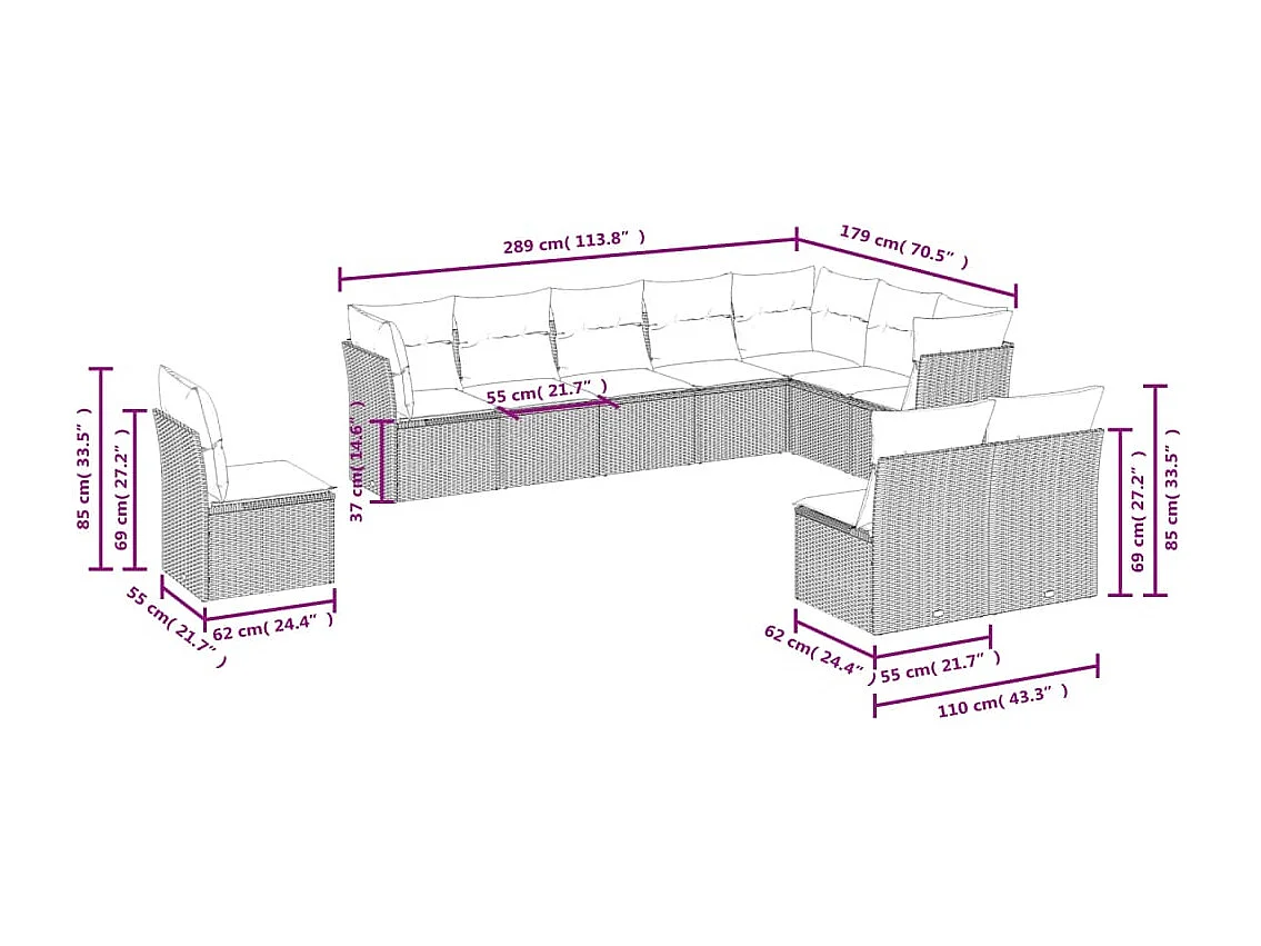 Set Divani da Giardino 10pz con Cuscini in Polyrattan Marrone