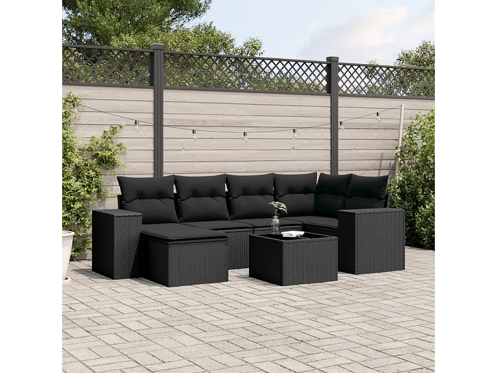 Salon de jardin 7 pcs avec coussins noir résine tressée