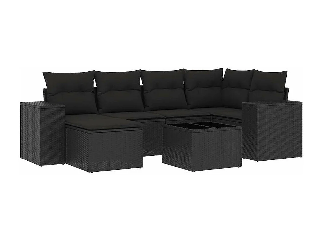 Salon de jardin 7 pcs avec coussins noir résine tressée