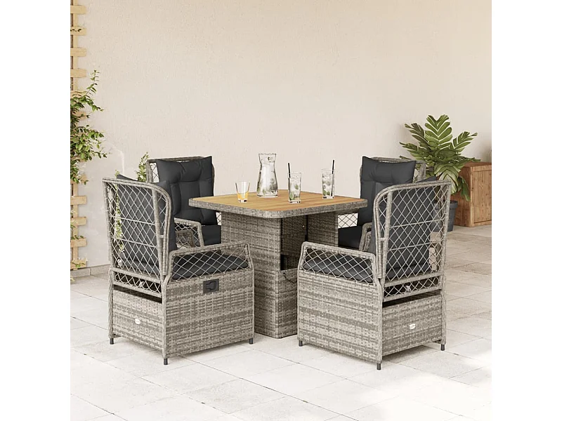 5 pcs conjunto de jantar p/ jardim c/ almofadões vime PE cinza