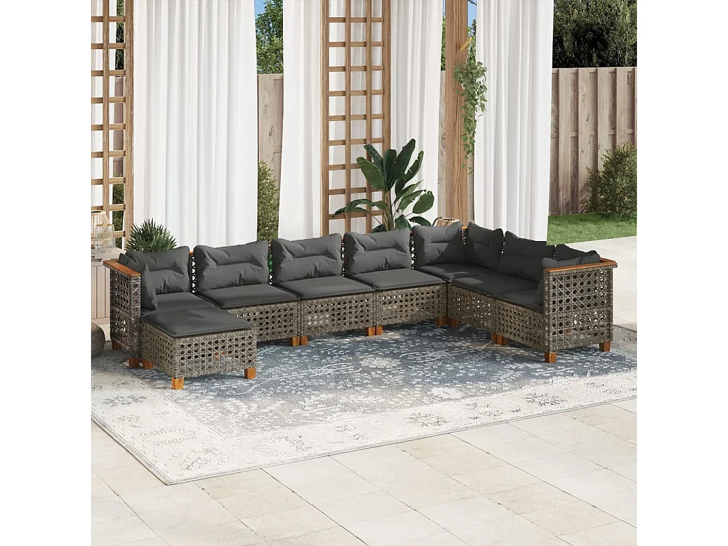 8 pcs conjunto sofás de jardim c/ almofadões vime PE cinzento