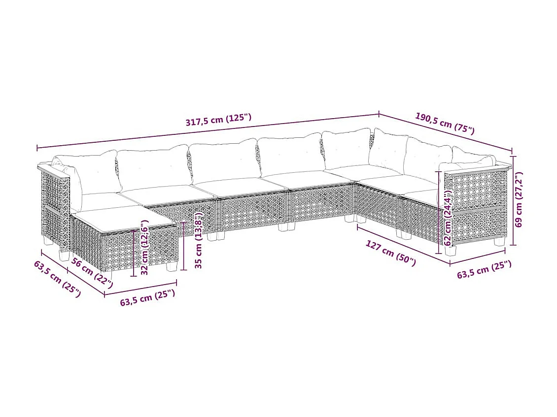 8 pcs conjunto sofás de jardim c/ almofadões vime PE cinzento