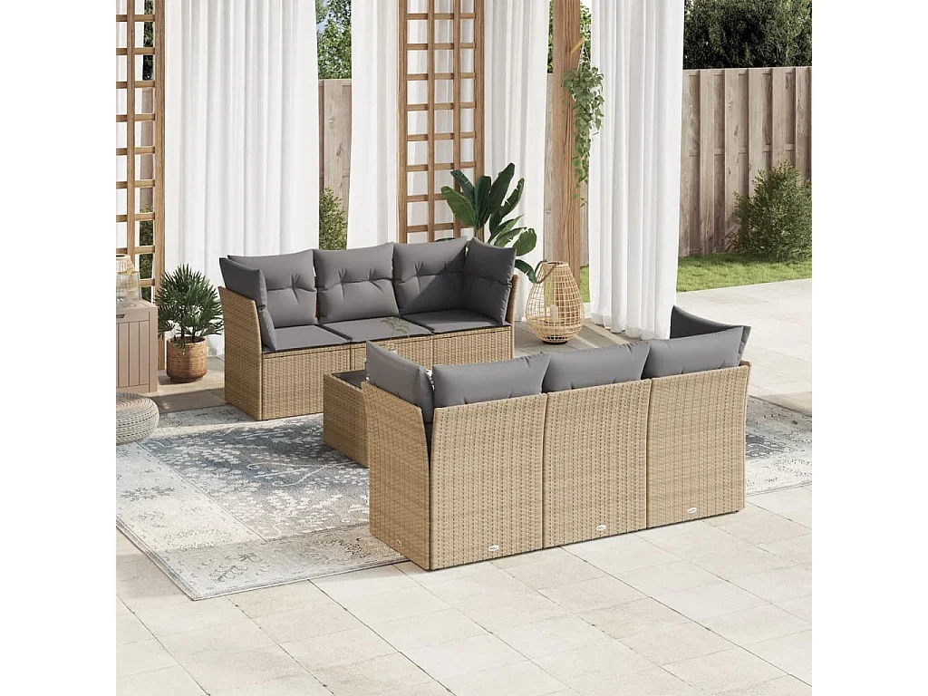 Set Divani da Giardino 7 pz con Cuscini Beige in Polyrattan