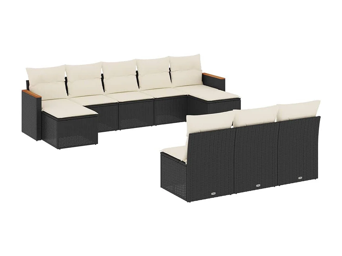 10-delige Loungeset met kussens poly rattan zwart