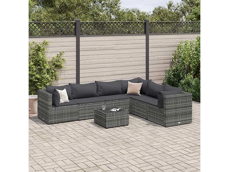 Set Divani da Giardino 7 pz con Cuscini in Polyrattan Grigio