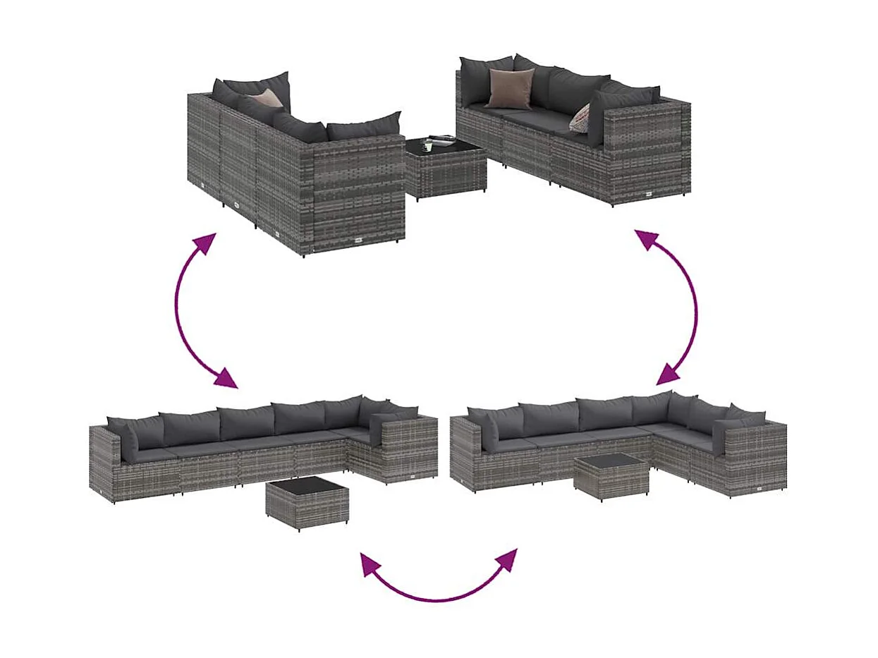 Salon de jardin 7 pcs avec coussins Gris Résine tressée