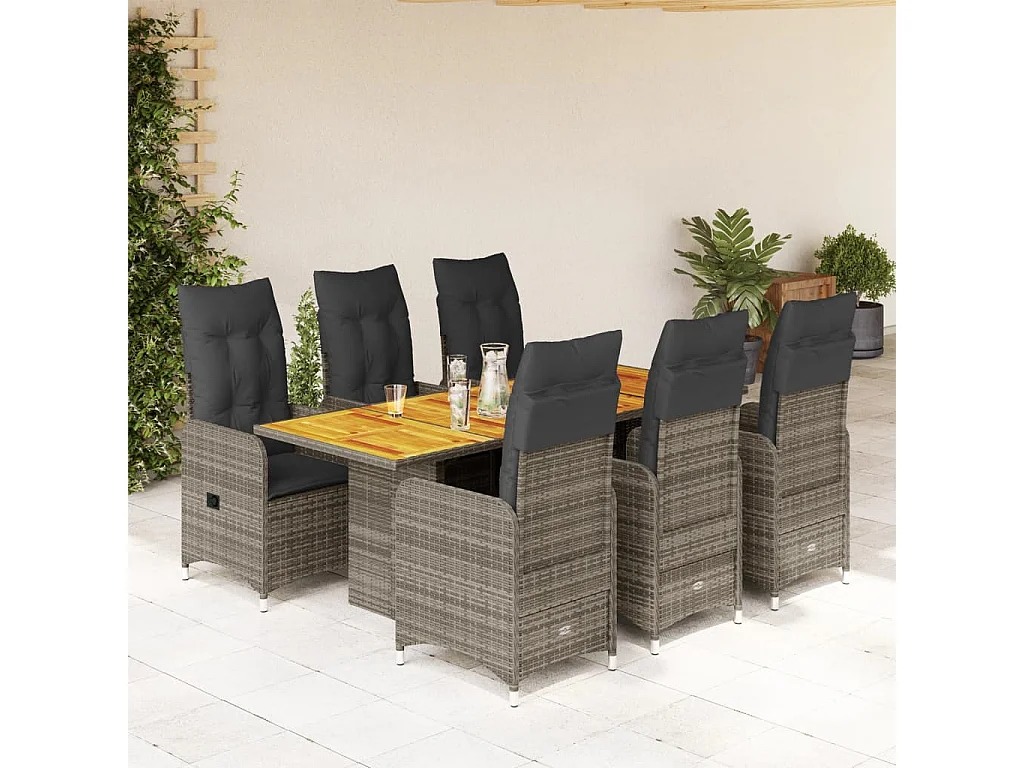 Ensemble de bistro de jardin 7 pcs coussins gris poly rotin