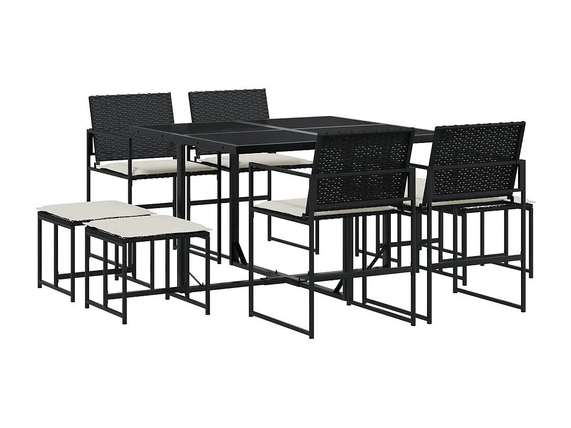 Set da Pranzo da Giardino 9 pz con Cuscini Nero in Polyrattan