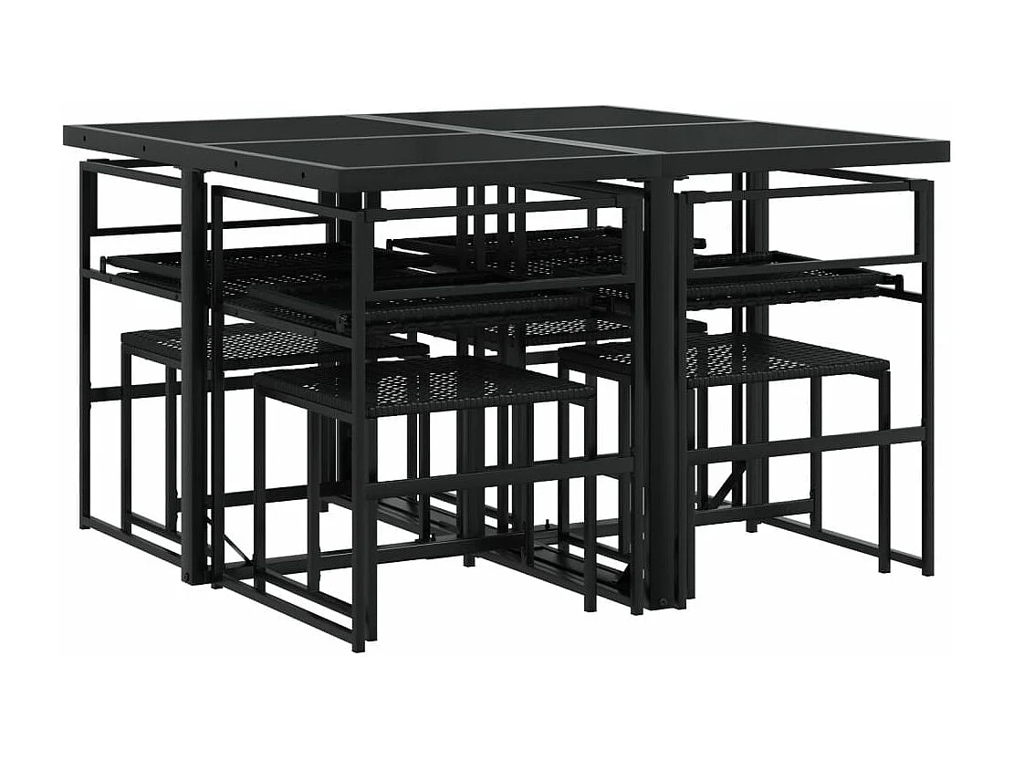 Set da Pranzo da Giardino 9 pz con Cuscini Nero in Polyrattan