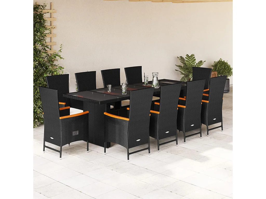 11 pcs conjunto de jantar p/ jardim c/ almofadões vime PE preto