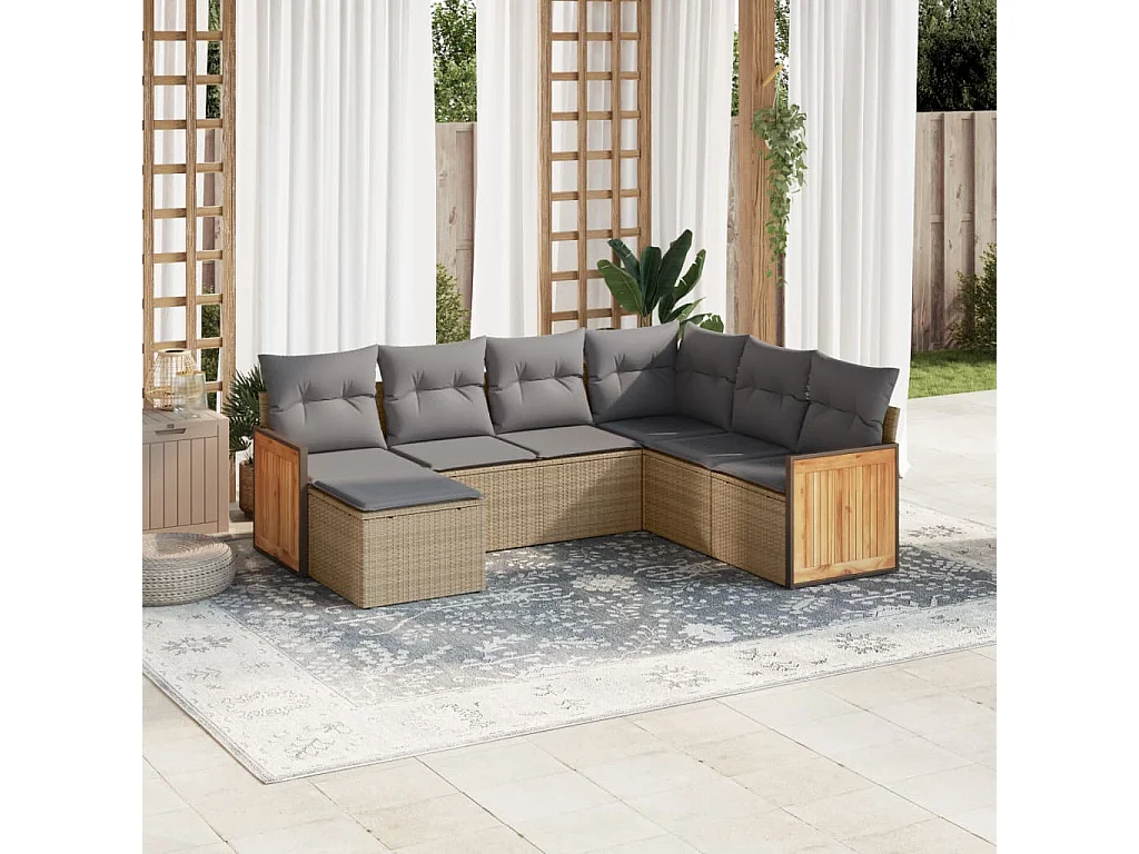 Salon de jardin avec coussins 7 pcs beige résine tressée