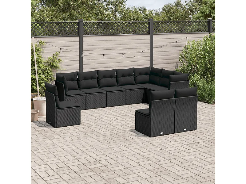 10-tlg. Garten-Sofagarnitur mit Kissen Schwarz Poly Rattan