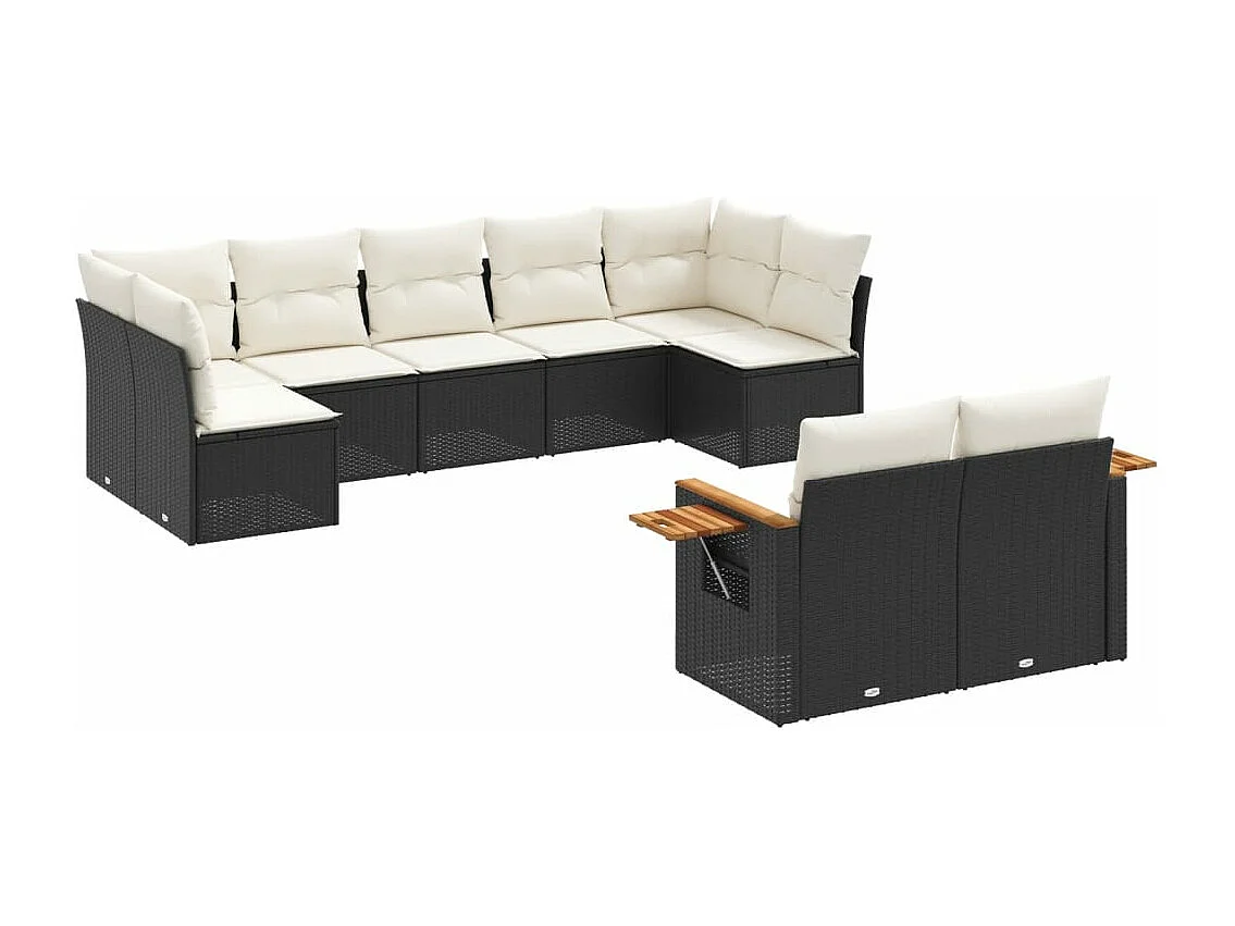 9-delige Loungeset met kussens poly rattan zwart