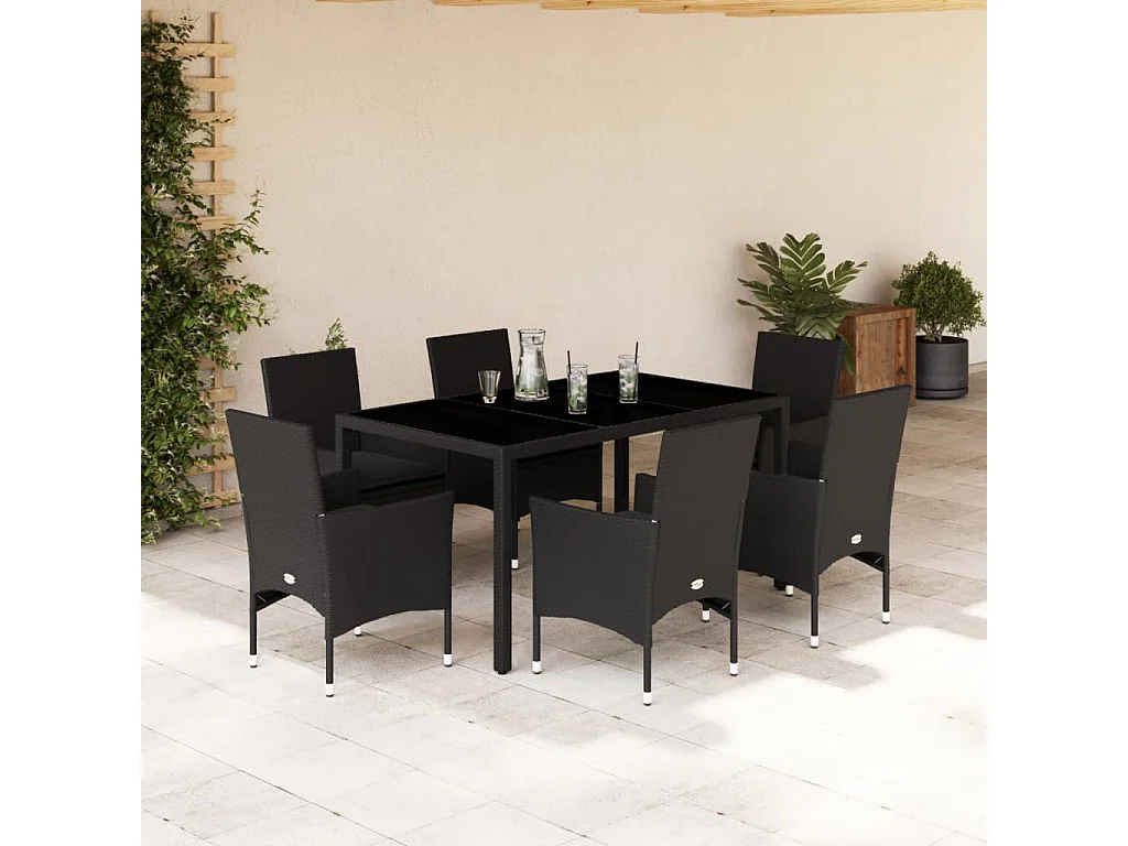 Ensemble à manger de jardin et coussins 7 pcs noir rotin acacia