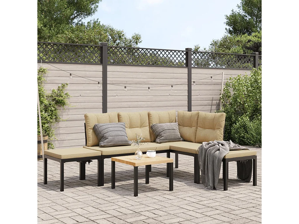 Divani Giardino con Cuscini 5pz Neri Acciaio Verniciato Polvere