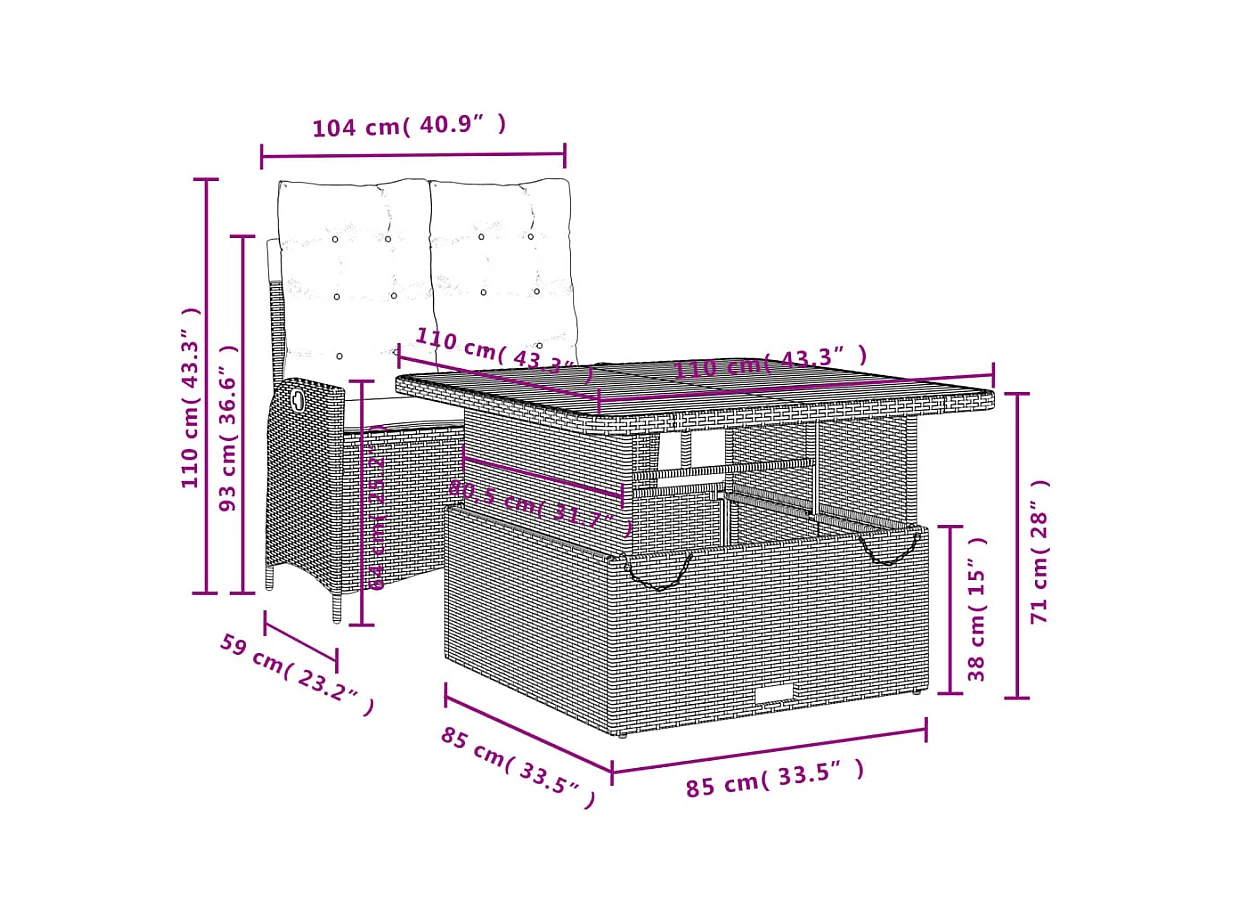 2-delige Tuinset met kussens poly rattan beige