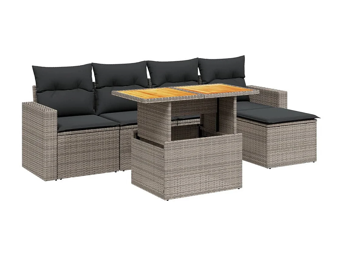 Salon de jardin 6 pcs avec coussins gris résine tressée