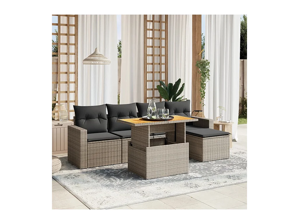 Salon de jardin 6 pcs avec coussins gris résine tressée