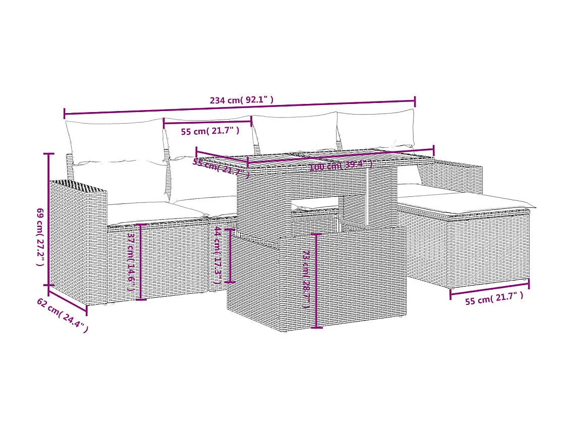 Salon de jardin 6 pcs avec coussins gris résine tressée