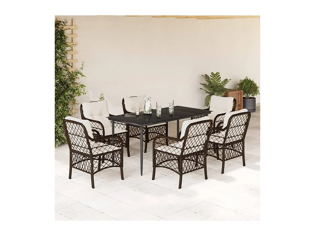 Set da Pranzo da Giardino 7pz con Cuscini in Polyrattan Marrone