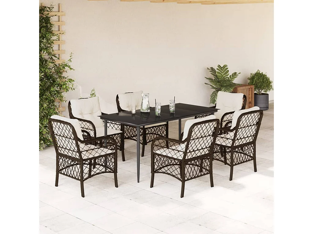 Ensemble à manger de jardin et coussins 7 pcs marron rotin