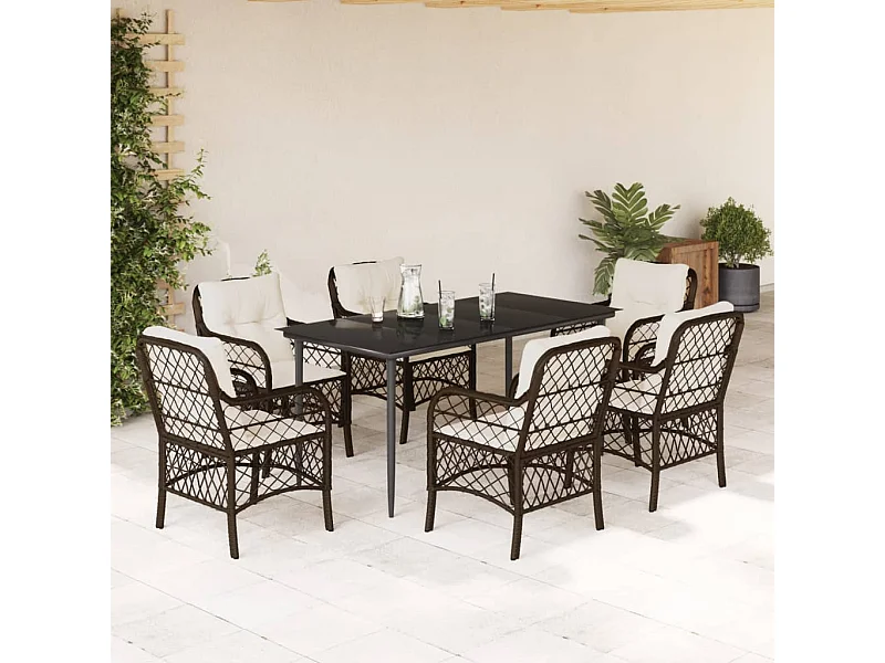 Set da Pranzo da Giardino 7pz con Cuscini in Polyrattan Marrone
