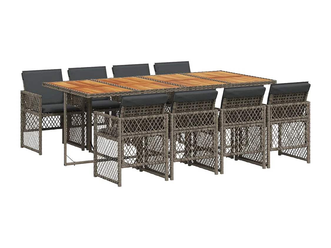 Set da Pranzo da Giardino 9 pz con Cuscini in Polyrattan Grigio