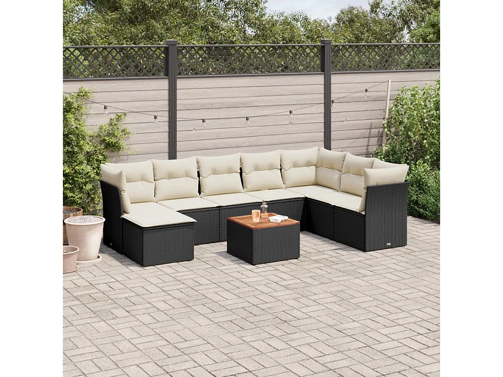 9 pcs conjunto de sofás p/ jardim c/ almofadões vime PE preto