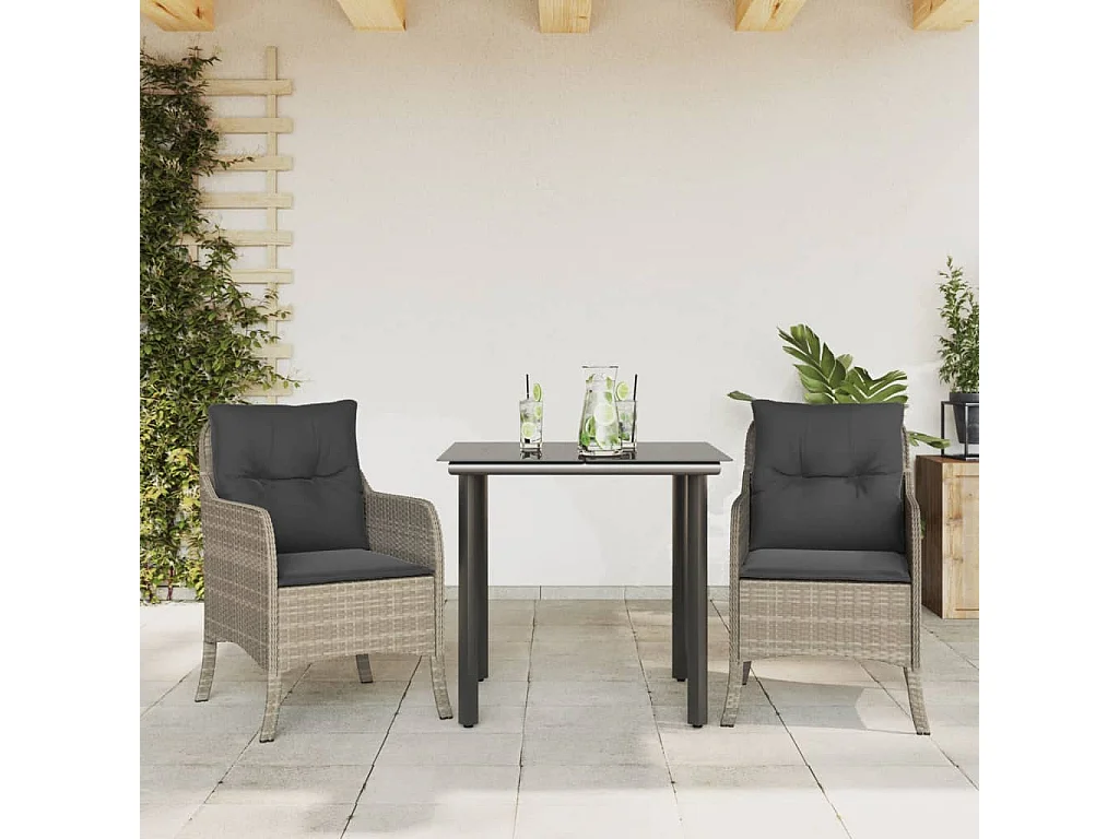 Set Pranzo da Giardino 3pz con Cuscini Grigio Chiaro Polyrattan