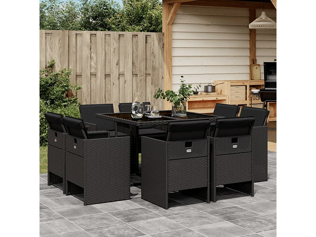 Set da Pranzo da Giardino 9 pz con Cuscini Nero in Polyrattan