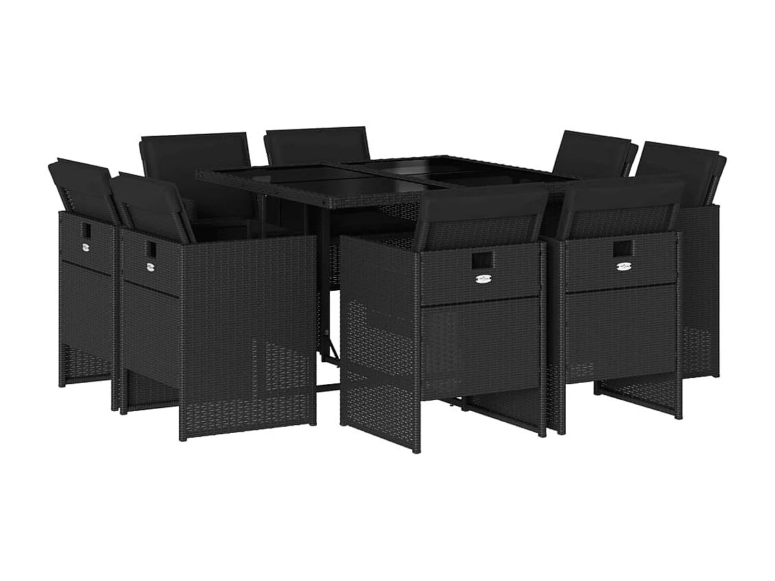 Set da Pranzo da Giardino 9 pz con Cuscini Nero in Polyrattan