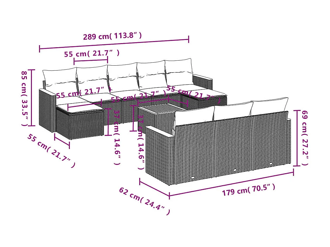11 pcs conjunto sofás de jardim c/ almofadões vime PE preto