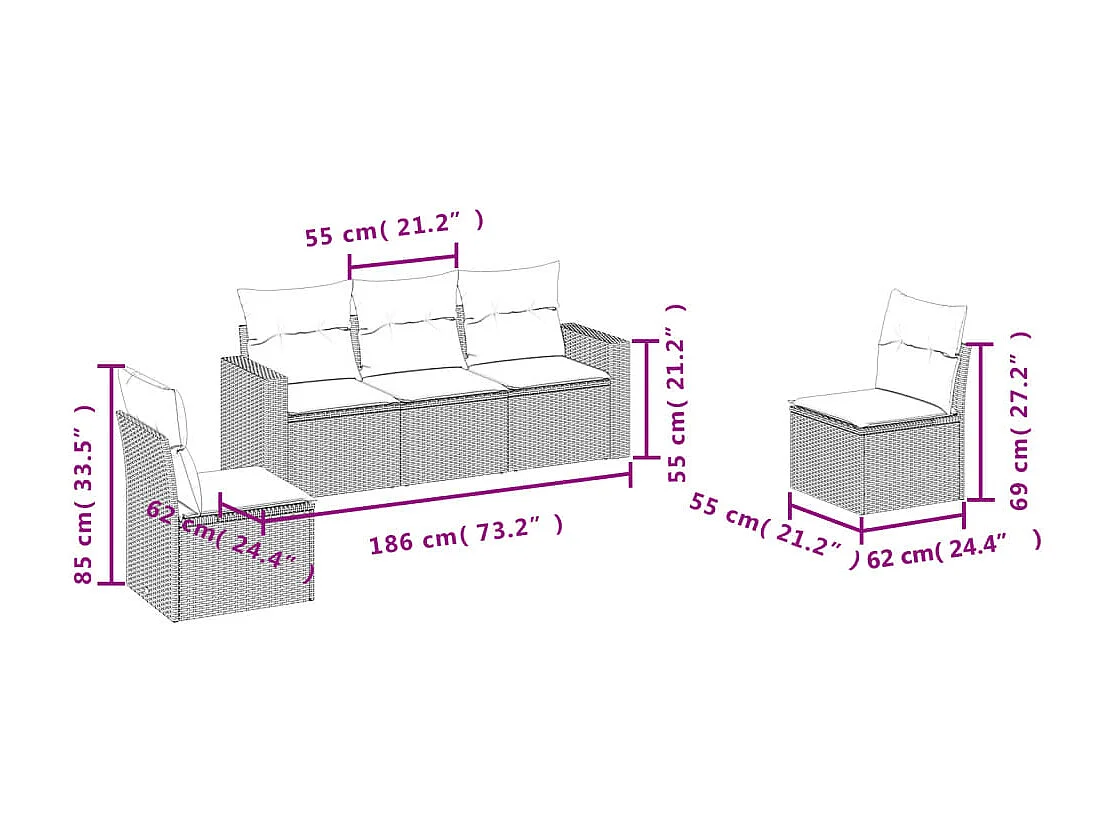 Salon de jardin avec coussins 5 pcs marron résine tressée
