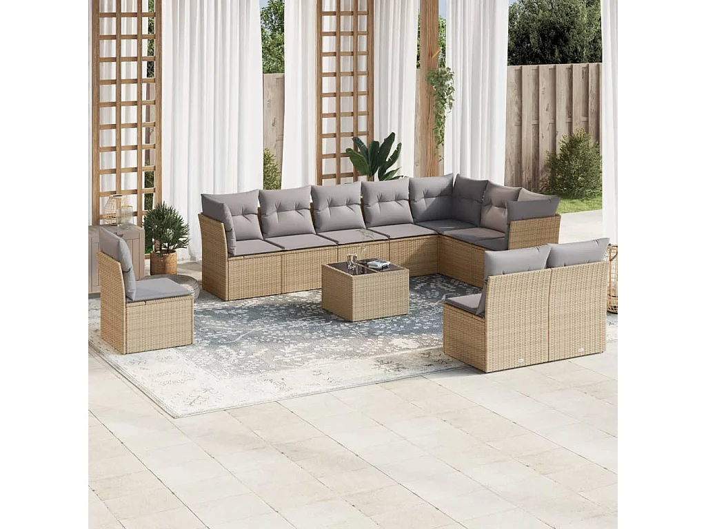 Salon de jardin 11 pcs avec coussins beige résine tressée