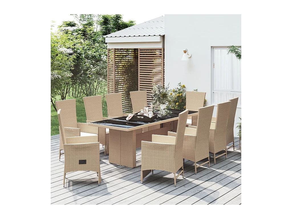 Set da Pranzo da Giardino 11 pz con Cuscini Beige in Polyrattan