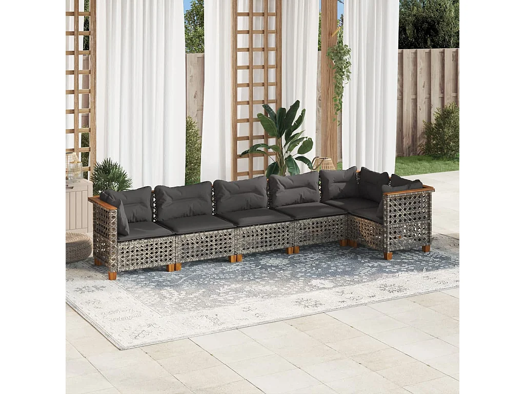 Salon de jardin 6 pcs avec coussins gris résine tressée