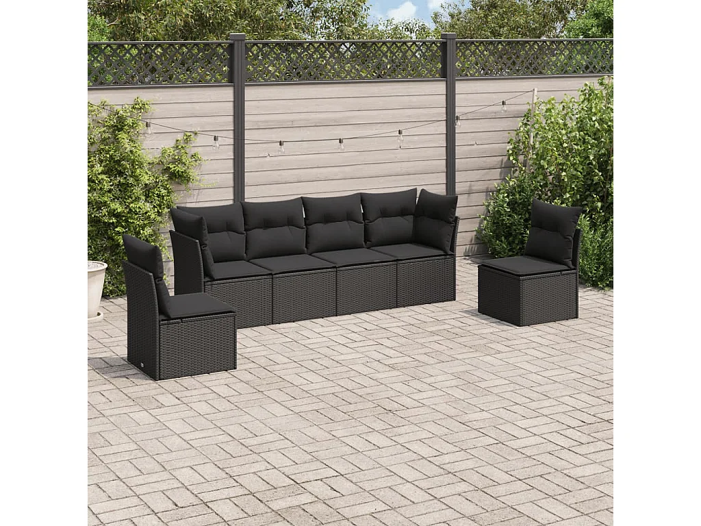 6-tlg. Garten-Sofagarnitur mit Kissen Schwarz Poly Rattan