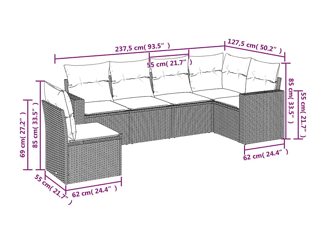 Set Divani da Giardino 6 pz con Cuscini Marrone in Polyrattan