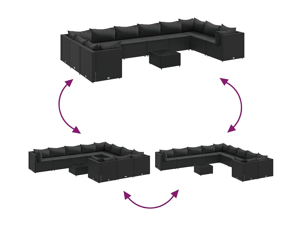 11-delige Loungeset met kussens poly rattan zwart